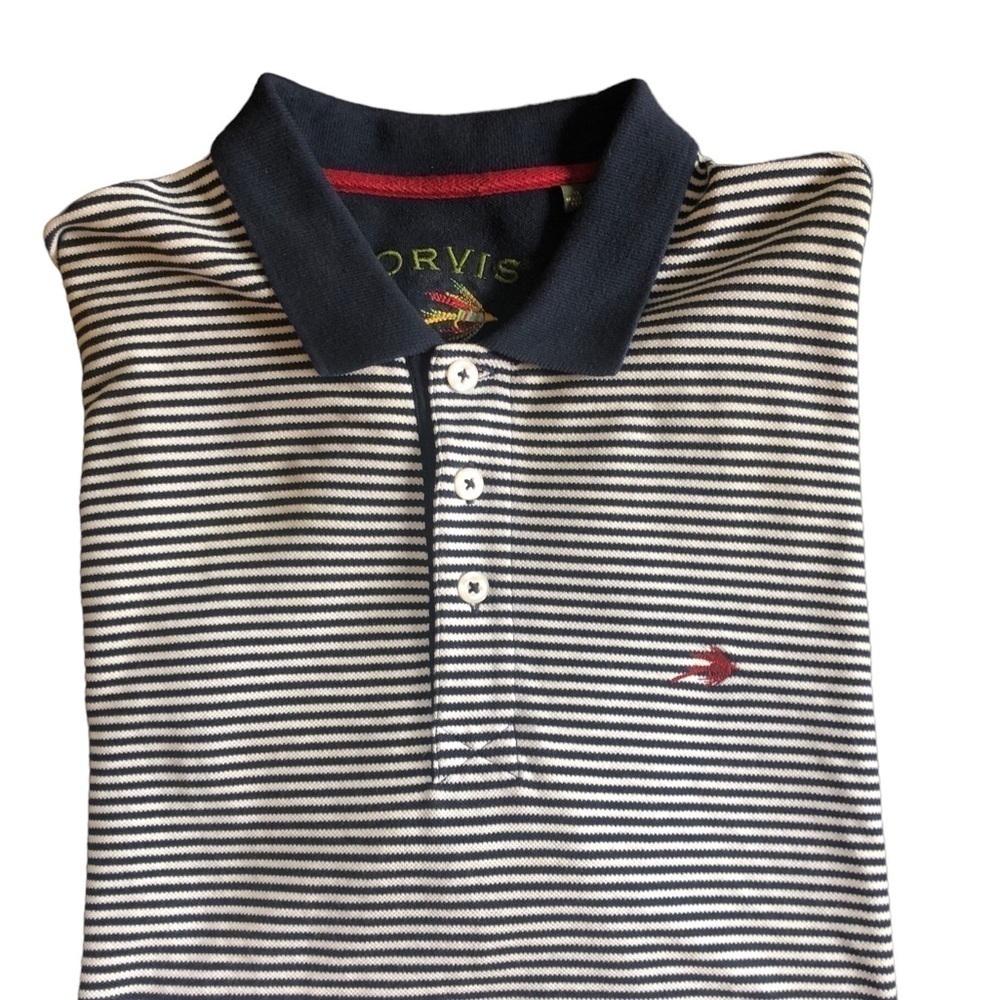 Orvis Mens Striped Navy White SS Polo Shirt XL 3 Button Logo Golf Stretch Knit